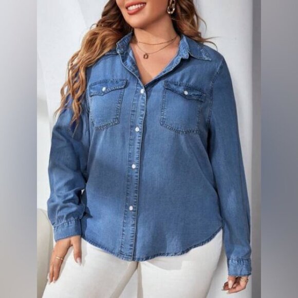 Torrid Blue Denim Button Down Shirt - Picture 2 of 13